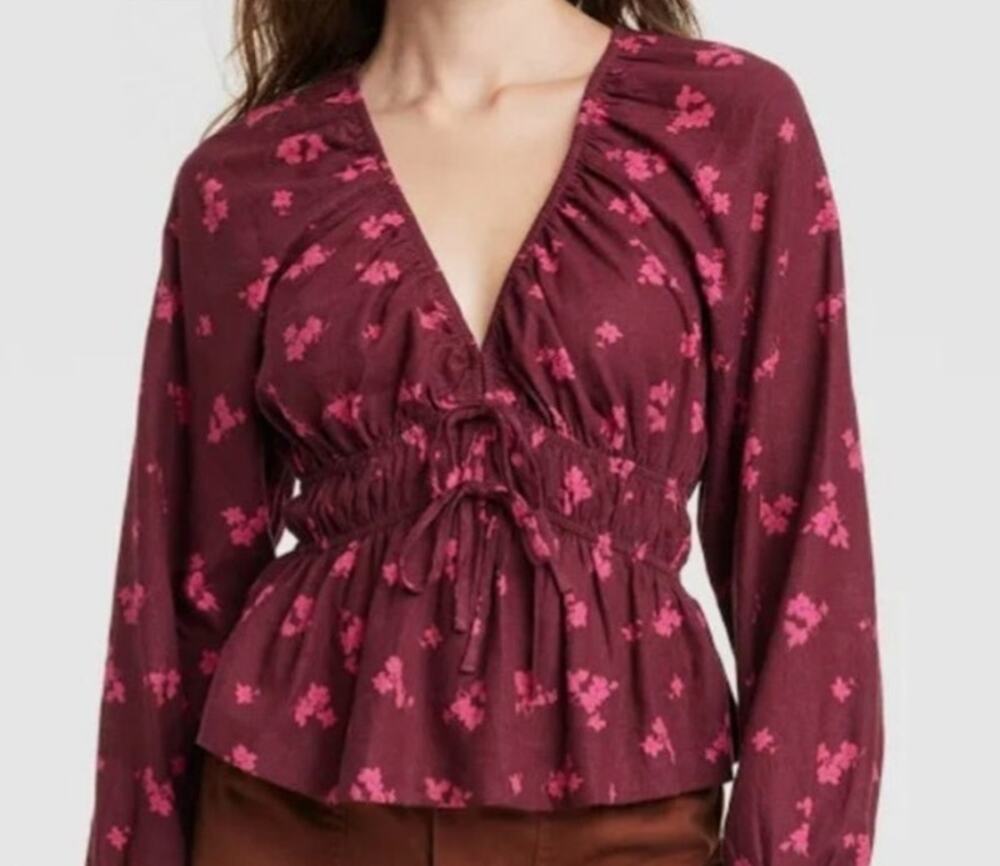 NWT Universal Thread Burgundy Pink Floral Tie Front Boho Blouse Small